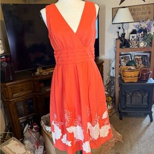 dressbarn Orange Midi Dress with White Floral Detail
